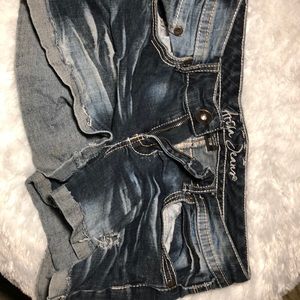 Dark Blue Jean Shorts Thick Distressed•